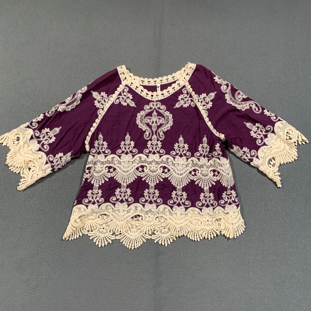 Leo & Nicole Blouse Womens PM Purple Lace Trim Boho Bell Sleeve Peasant Top